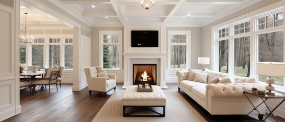 Beautiful living room interior with hardwood floors, coffered ceiling, and roaring fire in fireplace, in new luxury home - obrazy, fototapety, plakaty