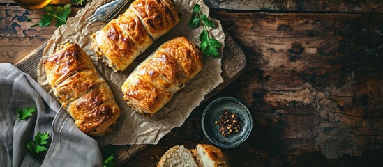 Delicious sausage rolls on a rustic table, above view, copy space. - obrazy, fototapety, plakaty