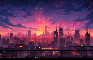 a colorful cityscape with neon lights.