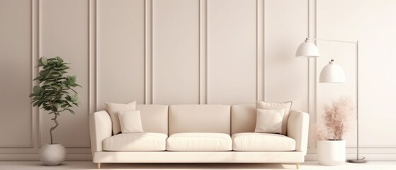 Contemporary white beige interior with wall panel, sofa and decor. 3d render illustration mockup.