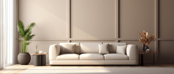 Obraz na płótnie Canvas Contemporary white beige interior with wall panel, sofa and decor. 3d render illustration mockup.