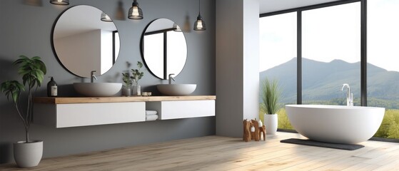 Corner of modern panoramic bathroom with gray walls, wooden floor, double sink standing on countertops with round mirrors and window with blurry countryside view. 3d rendering