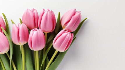 A bunch of soft pink tulips stands upright with lush green leaves on a clean white background, signaling the arrival of spring.