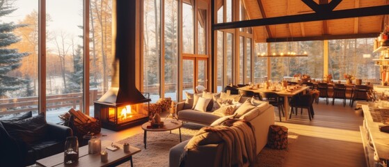 cozy warm home interior of a chic country chalet with a huge panoramic window overlooking the winter forest. open plan, wood decoration, warm colors and a family hearth