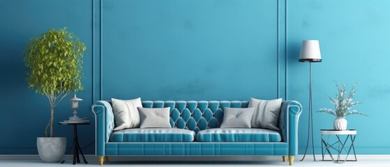 Decoration blue wall and classic background living room.