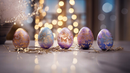 Luxurious Easter eggs adorned with golden floral patterns elegantly arranged on a shiny table against a bokeh light background.