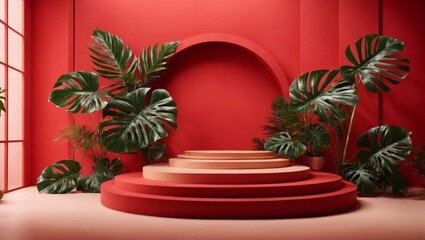 3D illustration, empty red podium mockup for design Abstract background of beautiful tropical plants.