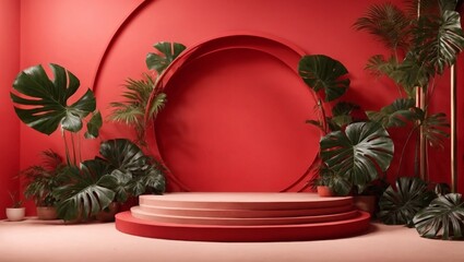 3D illustration, empty red podium mockup for design Abstract background of beautiful tropical plants.