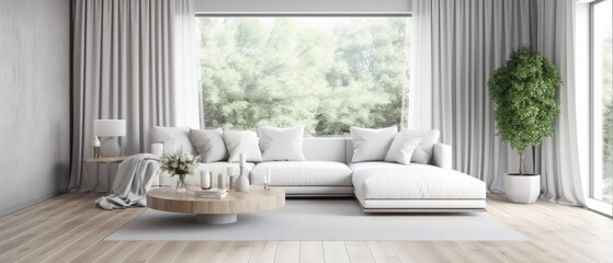 Gray living room interior with a wooden floor, large windows and a white sofa near a round coffee table. 3d rendering mock up - Powered by Adobe
