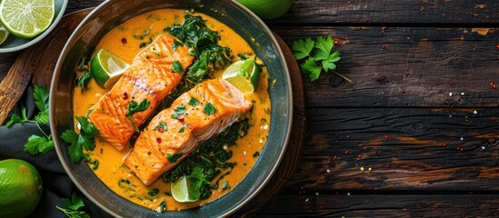 Salmon curry in coconut lime sauce on a dark wooden table, overhead view, empty space.