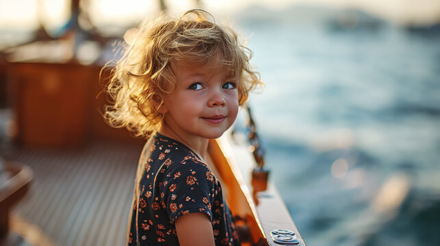 Cheerful smiling child  looking at the sea from open deck of the yacht