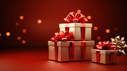 Obraz premium Elegant gift boxes adorned with sparkling red ribbons on a red background with soft bokeh lights, perfect for festive occasions.