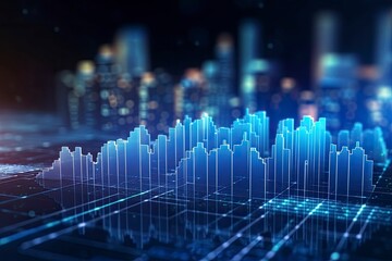 Abstract digital landscape of financial growth, blending city contours with glowing market charts, embodying modern economic dynamics. Visualization of stock market analytics
