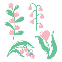 Set of plants with flowers in the shape of hearts. Vector illustration isolated on white background. Vector illustration