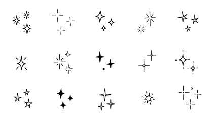 Hand drawn star sparkle shine of doodle set. Star shine twinkle glow, spark glitter, magic party light vector illustration. Hand drawn sketch doodle style line sparkle elements - obrazy, fototapety, plakaty