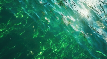 Obraz premium Sunbeams pierce through the clear green waters of the sea, creating a tranquil and mesmerizing pattern on the surface.