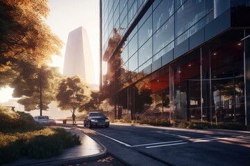 Glistening morning rays kiss the urban landscape, where the tranquility of a city at dawn is captured along a tree-adorned street, flanked by modern glass buildings reflecting the awakening sky - obrazy, fototapety, plakaty