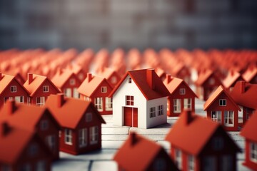 3d render of a row of red and white houses on a grey background, Real estate concept with a red house standing out from a crowd of white houses, AI Generated - obrazy, fototapety, plakaty