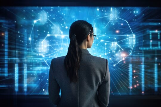 Rear view of businesswoman against futuristic blue background with binary code, Rear view of a businesswoman looking at a hologram screen against a blue background, AI Generated