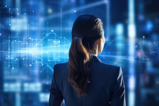 Rear view of businesswoman working with virtual panel on blurry city background, Rear view of a businesswoman looking at a hologram screen against a blue background, AI Generated