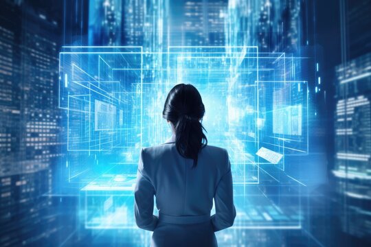 Rear view of businesswoman against futuristic blue server room 3D rendering, Rear view of a businesswoman looking at a hologram screen against a blue background, AI Generated