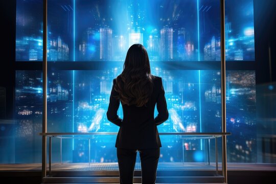 Back view of young businesswoman looking at night city through the window, Rear view of a businesswoman looking at a hologram screen against a blue background, AI Generated - Powered by Adobe