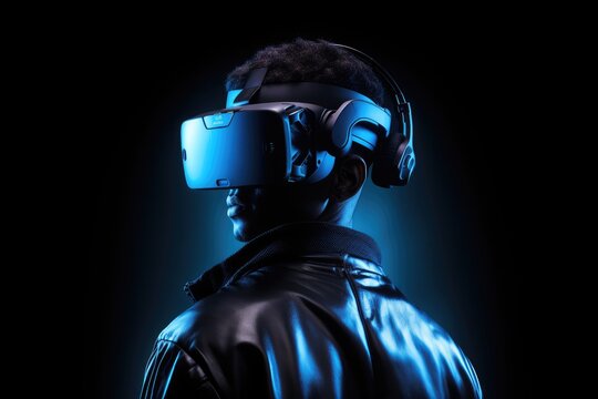 Young african american man wearing virtual reality goggles on dark background, Rear view of a man wearing a virtual reality headset, presented in 3D rendering, AI Generated