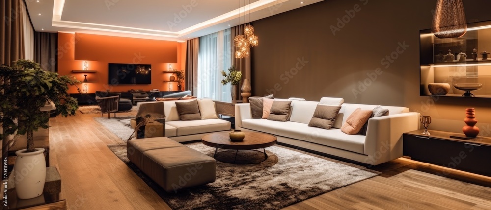 Wall mural interior design, luxury home decoration. modern house and details. beautiful livingroom bedroom and 