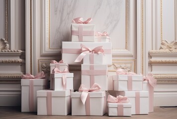 White gift boxes with pink ribbons on the background of a classic wall. Baby Shower Concept.