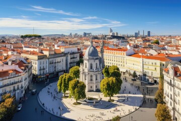 Fototapeta na wymiar Lisbon, Portugal. Panoramic view of the city, Lisbon aerial skyline panorama European city view on Marques Pombal Square monument, AI Generated