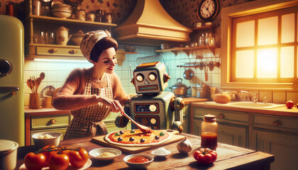 Cozy Kitchen with Woman and Vintage Robot Making Pizza