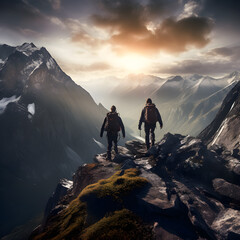 Fototapeta premium Behind shot of two hikers at the top of a mountain at sunset.