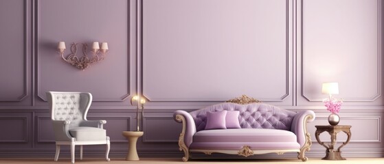 living interior design in classic style with decoration set on sideboard, velvet armchair on wooden floor and violet wall,3d illustration,3d rendering