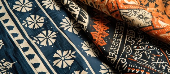Two Sumatran woven fabric pieces featuring geometric and floral patterns in blue, orange, and white.