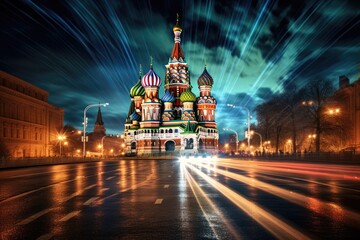 Fototapeta premium Night view of St. Basil's Cathedral on Red Square in Moscow, Russia, Moscow St, Basil's Cathedral Night Shot, AI Generated