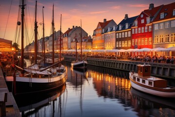 Nyhavn is one of the most popular tourist destinations in Copenhagen, Nyhavn at the golden hour,...