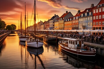 Fototapeta na wymiar Nyhavn canal in Copenhagen, Denmark at sunset, Nyhavn at the golden hour, Copenhagen, Denmark, AI Generated