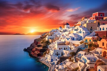 Oia village on Santorini island at sunset. Greece, Europe, Oia Sunset, Santorini island, Greece, AI...