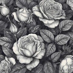 black and white roses background  in pen sketch
