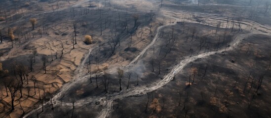 Aerial view of burned landscape with black ash covering the ground.