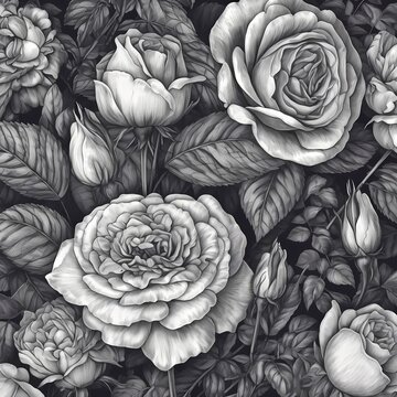 black and white roses background  in pen sketch