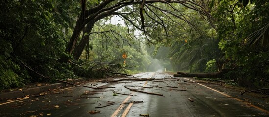 A road was blocked by a fallen tree and branches from a cyclone. - obrazy, fototapety, plakaty
