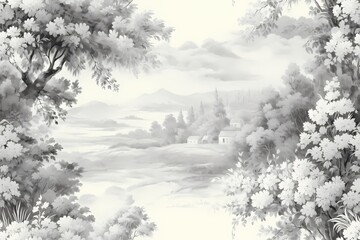 landscape with tree in style of French fabric in black and white