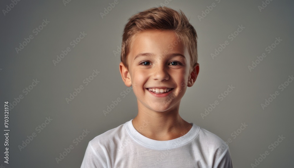 Wall mural  a young boy wearing a white t - shirt smiles at the camera with a smile on his face as he stands in front of a gray background with a gray backdrop.