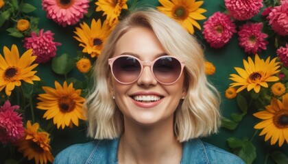  a blonde woman wearing pink sunglasses standing in front of a wall of yellow and pink flowers with pink and yellow flowers on the side of her face and a green background.