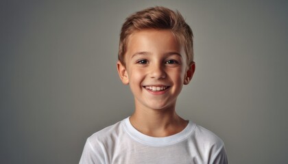  a young boy wearing a white t - shirt smiles at the camera with a smile on his face as he stands in front of a gray background with a gray backdrop.