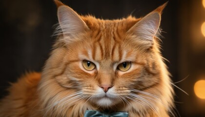  a close up of a cat wearing a bow tie with a blurry background of boke of lights in the foreground and a blurry boke of lights in the background.