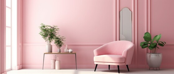 Minimalistic and luxury pastel pink home interior with green velvet design armchair, plants and mirror