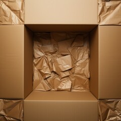 Open cardboard box top view. AI