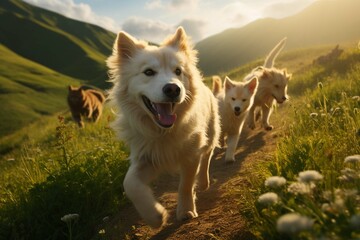 A group of dog and cat running in the summer through the green valley